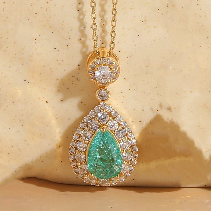 Elegant Luxurious Water Droplets Copper Plating Inlay Zircon 14K Gold Plated Pendant Necklace