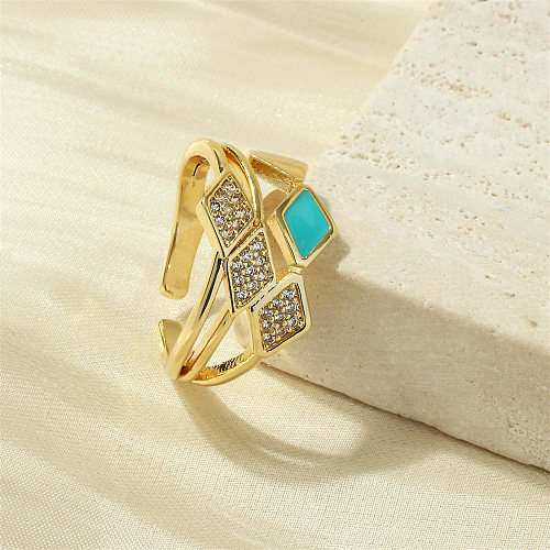 Elegante, schlichte offene Ringe mit Rhombus-Kupfer-Email-Beschichtung, Inlay, Zirkon, 18 Karat vergoldet
