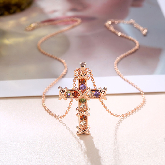 Glam Streetwear Cross Copper Zircon Pendant Necklace In Bulk