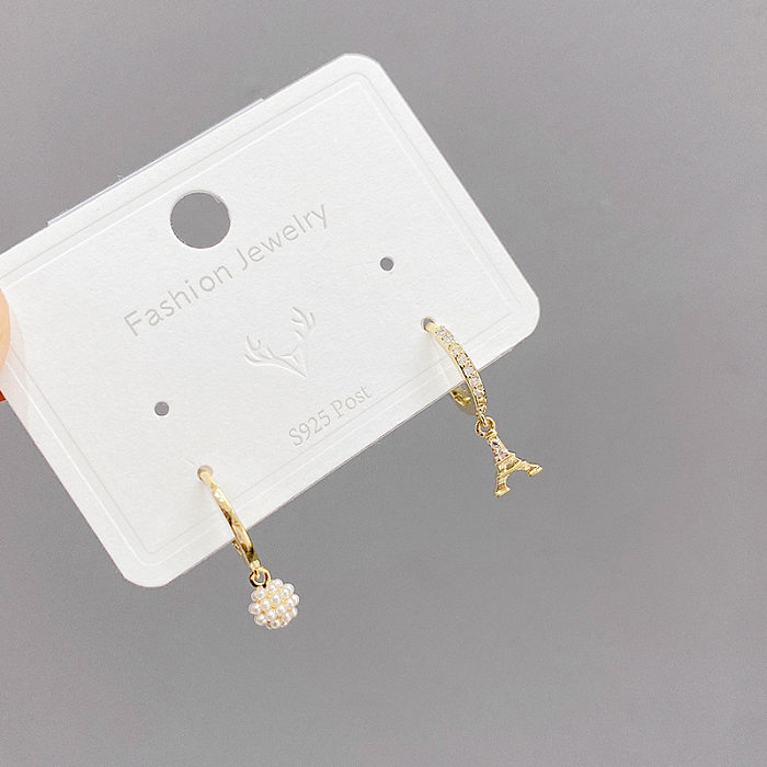 Fashion Eiffel Tower Copper Drop Earrings Asymmetrical Inlay Pearl Zircon Copper Earrings 3 Pairs