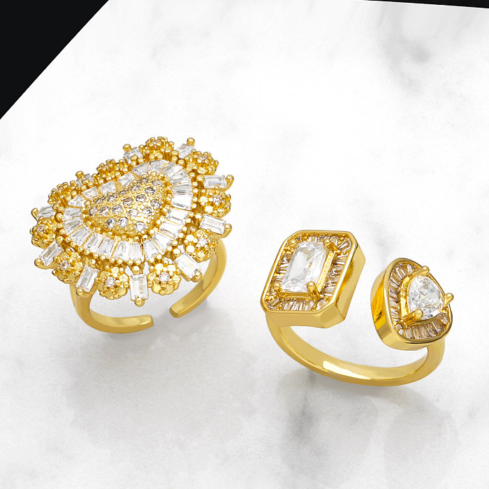 Casual Simple Style Streetwear Geometric Heart Shape Copper Plating Inlay Zircon 18K Gold Plated Open Rings