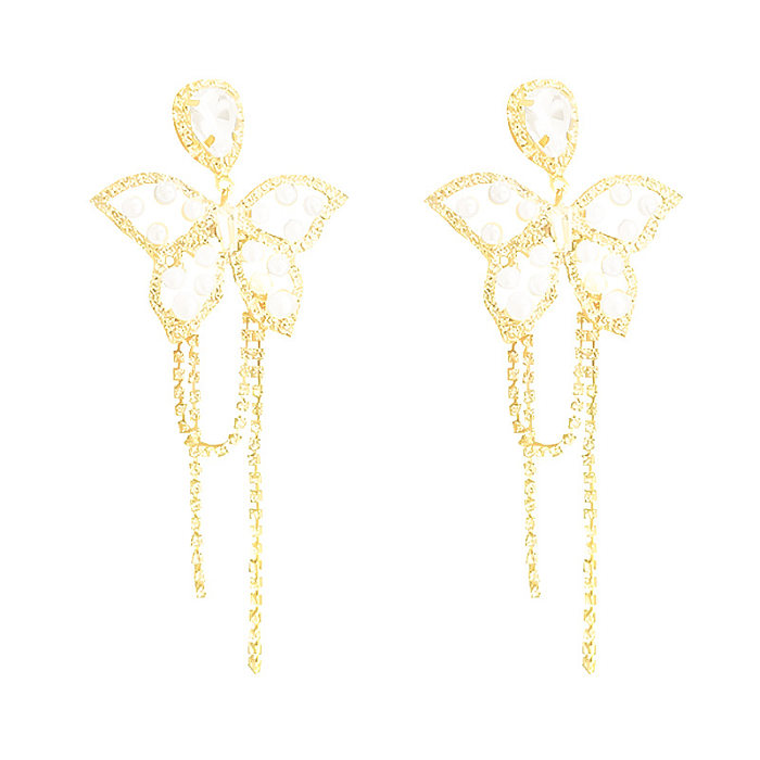 1 Pair Sweet Water Droplets Butterfly Copper Inlay Artificial Pearls Rhinestones Drop Earrings