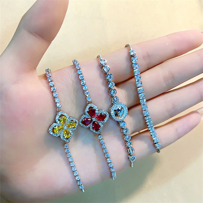 Vintage Style Simple Style Shiny Four Leaf Clover Round Square Copper Plating Inlay Zircon White Gold Plated Bracelets