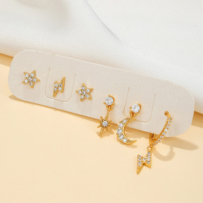 6 Pieces Fashion Star Moon Lightning Copper Plating Zircon Earrings