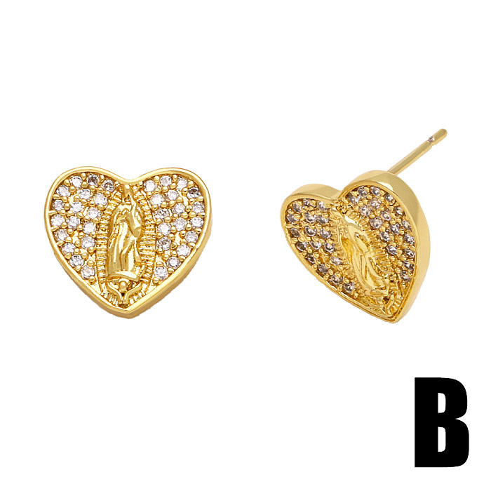 1 Pair Vintage Style Virgin Mary Oval Heart Shape Copper Plating Inlay Zircon Ear Studs