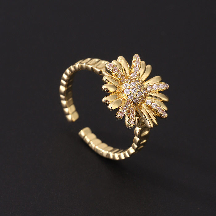 Estilo vintage lua forma de coração margarida revestimento de cobre incrustação zircão anéis abertos banhados a ouro 18K