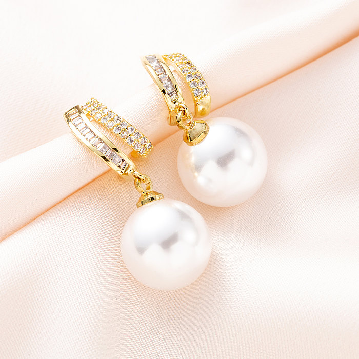 Elegant Geometric Copper Gold Plated Artificial Pearls Zircon Earrings 1 Pair