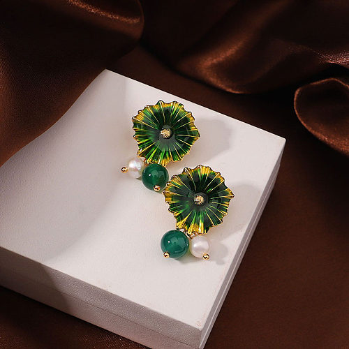 1 Paar IG-Stil Retro-Ohrringe mit Blumen-Emaille-Perlenbeschichtung, Kupfer, 18 Karat vergoldet