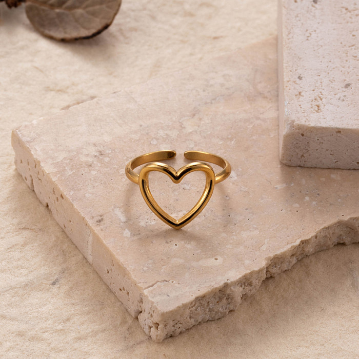 INS Style Streetwear Leaf Heart Shape Flower Stainless Steel Plating Hollow Out 18K Gold Plated Open Ring