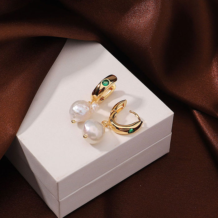 1 paire de boucles d'oreilles pendantes plaquées or 18 carats, Style Simple, incrustation ronde en cuivre et Zircon