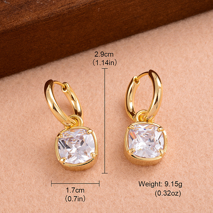 1 paire de boucles d'oreilles plaquées or 14 carats, Style Simple et élégant, incrustation carrée en cuivre et Zircon