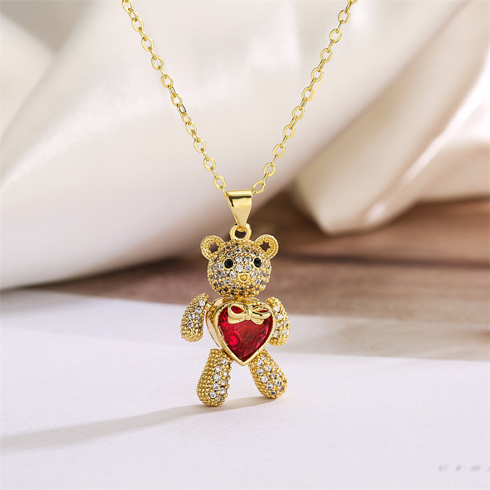 Casual Cute Bear Heart Shape Copper Plating Inlay Zircon Gold Plated Pendant Necklace