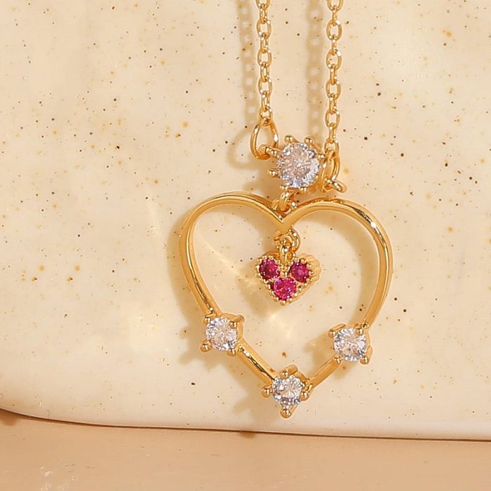 Elegant Classic Style Heart Shape Copper Plating Inlay Zircon 14K Gold Plated Pendant Necklace