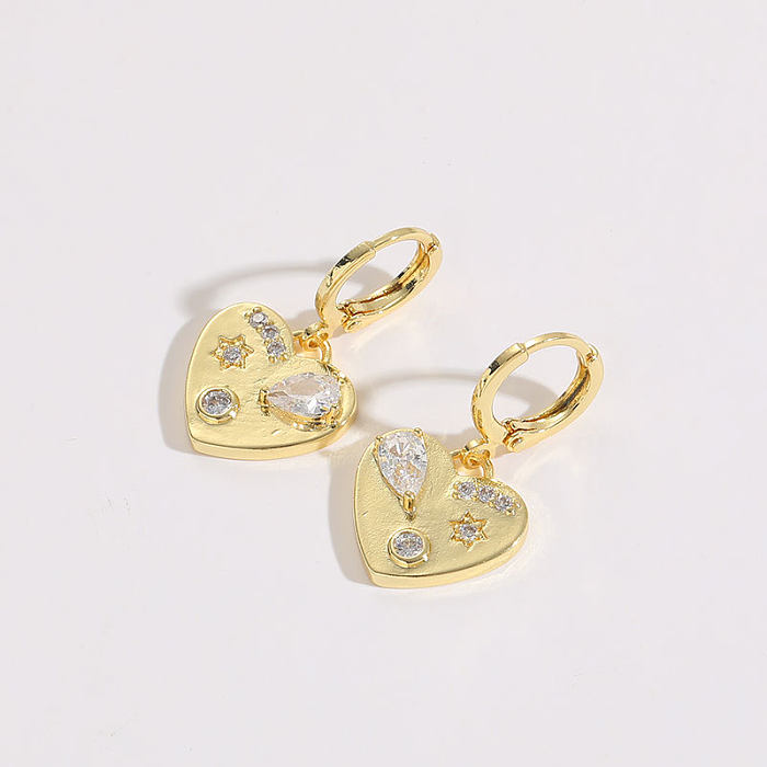 1 Pair Classic Style Heart Shape Copper Inlay Zircon 14K Gold Plated Drop Earrings