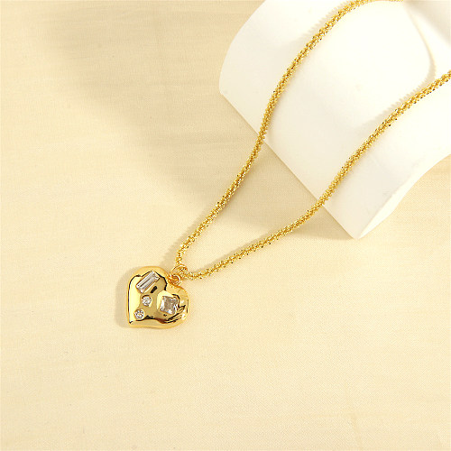 Simple Style Shiny Heart Shape Copper 18K Gold Plated Zircon Pendant Necklace In Bulk