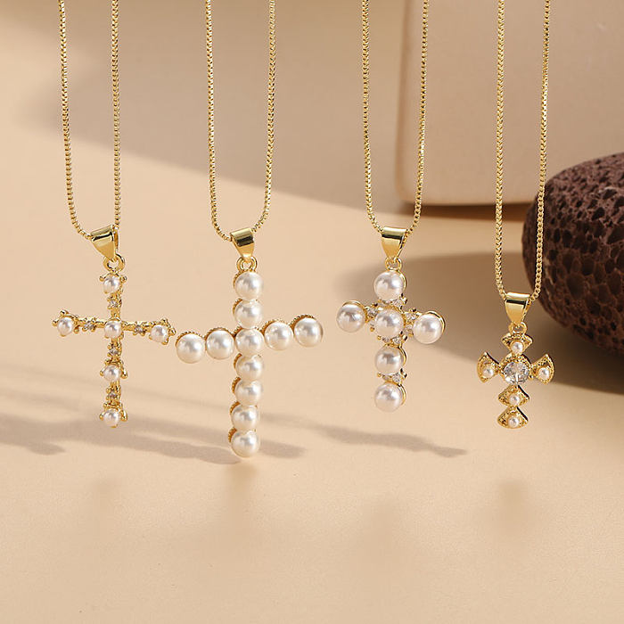 Elegante, luxuriöse, klassische Halskette mit Kreuzverkupferung, Inlay, künstlichen Perlen, Zirkon, 14 Karat vergoldet