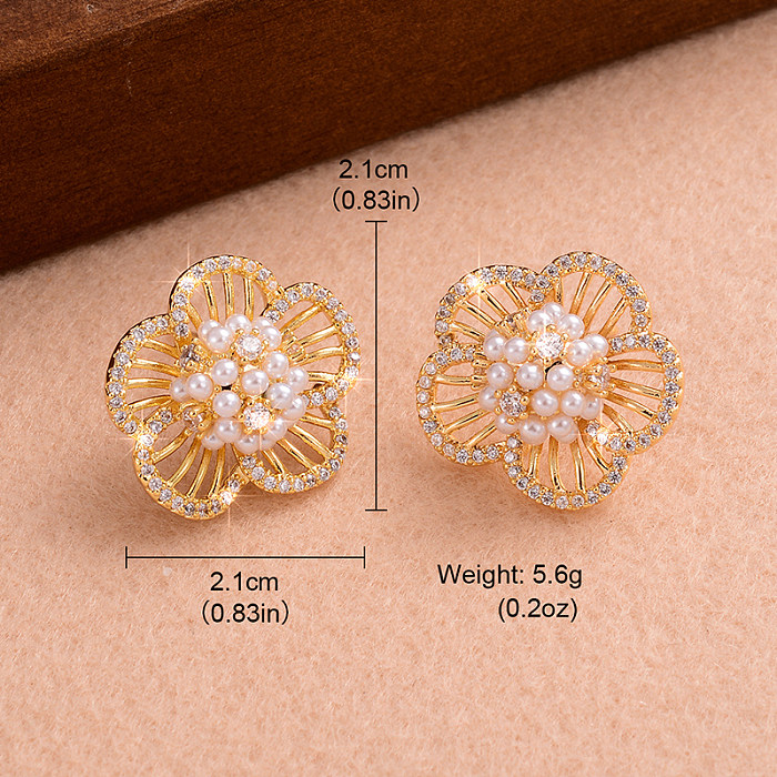 1 Pair IG Style Sweet Flower Plating Inlay Copper Pearl Zircon 14K Gold Plated Ear Studs