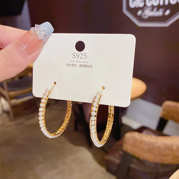 Fashion Geometric Copper Inlay Artificial Pearls Rhinestones Hoop Earrings 1 Pair