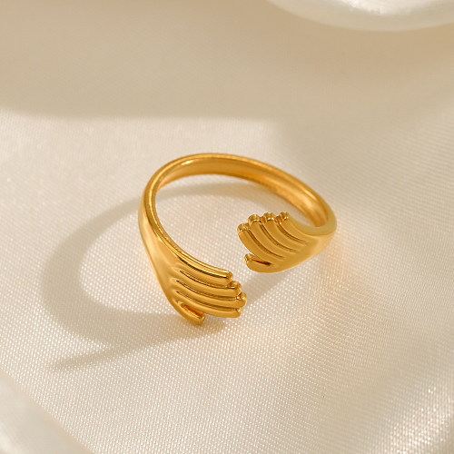 Anéis abertos banhados a ouro 18K com palma retro casual de aço inoxidável