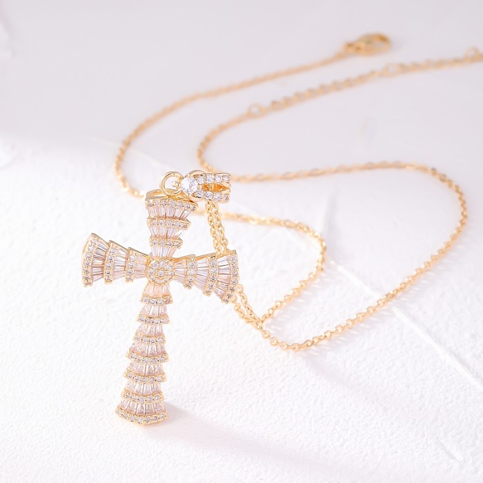 Retro Simple Style Cross Copper Gold Plated Zircon Necklace Pendant In Bulk