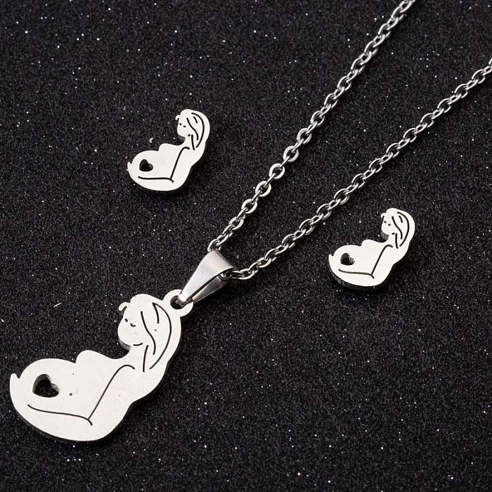 1 Set Retro Portrait Stainless Steel Plating Ear Studs Necklace