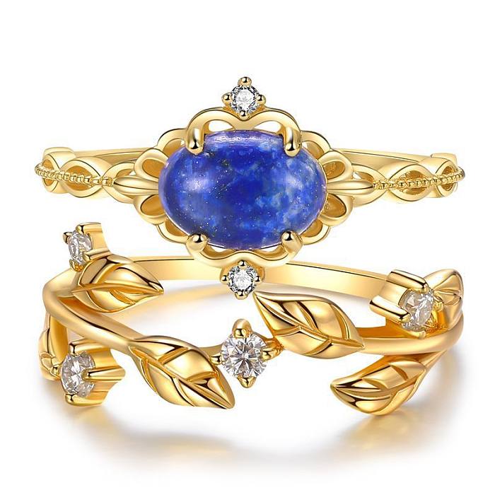 Simple Style Geometric Leaves Copper Inlay Lapis Lazuli Rings