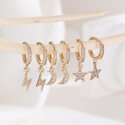 3 Paar schlichte Ohrringe mit Stern-Mond-Blitz-Beschichtung, Kupfer-Zirkon-vergoldet