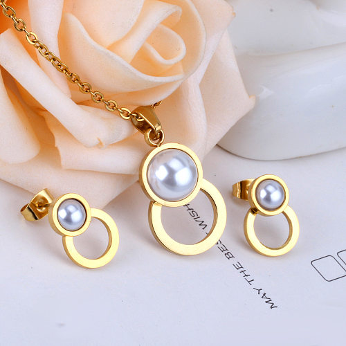 Mode geometrische Edelstahl Inlay künstliche Perlen Ohrringe Halskette 1 Set