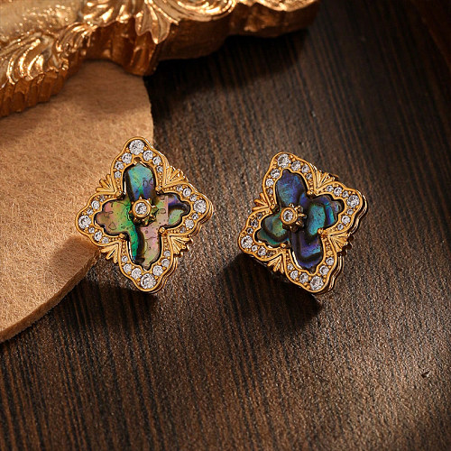 1 Pair Simple Style Artistic Flower Inlay Copper Shell Zircon Ear Studs