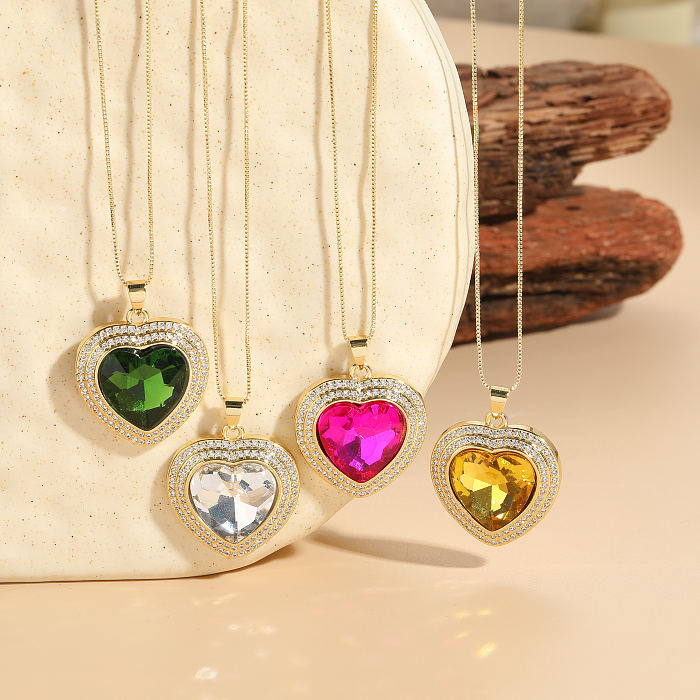 Elegant Luxurious Classic Style Heart Shape Copper Plating Inlay Zircon 14K Gold Plated Pendant Necklace