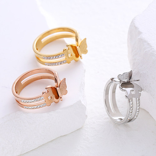 Anéis banhados a ouro de aço inoxidável do zircão 24K do embutimento da borboleta do estilo simples
