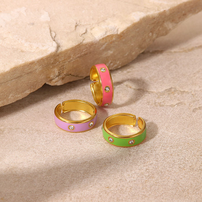 Moda não-desbotamento gotejamento aberto 18K ouro aço inoxidável incrustado zircão roxo/rosa/verde anel