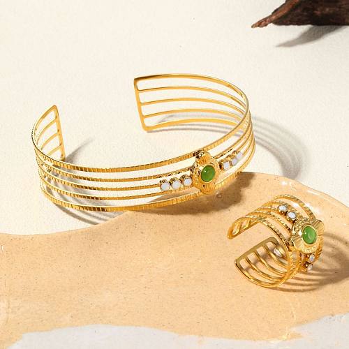 Schlichter Stil, einfarbig, Titan-Stahlbeschichtung, Intarsien, türkis vergoldete Ringe, Armbänder