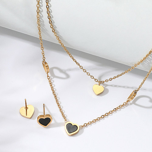 Conjunto de aretes de collar de doble capa en forma de corazón de oro de 18 quilates con galvanoplastia de acero inoxidable de moda