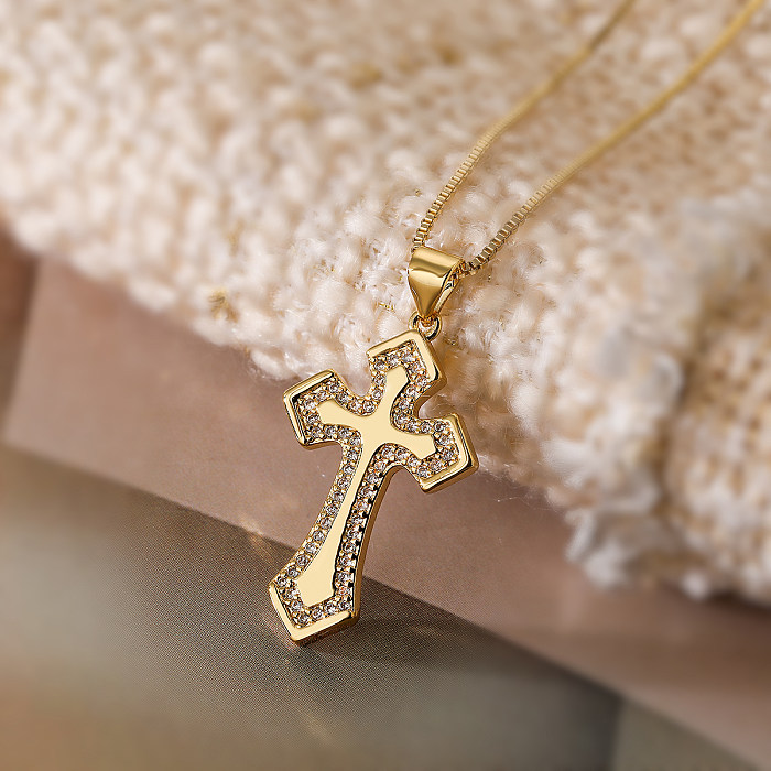 Retro Simple Style Cross Copper 18K Gold Plated Zircon Pendant Necklace In Bulk