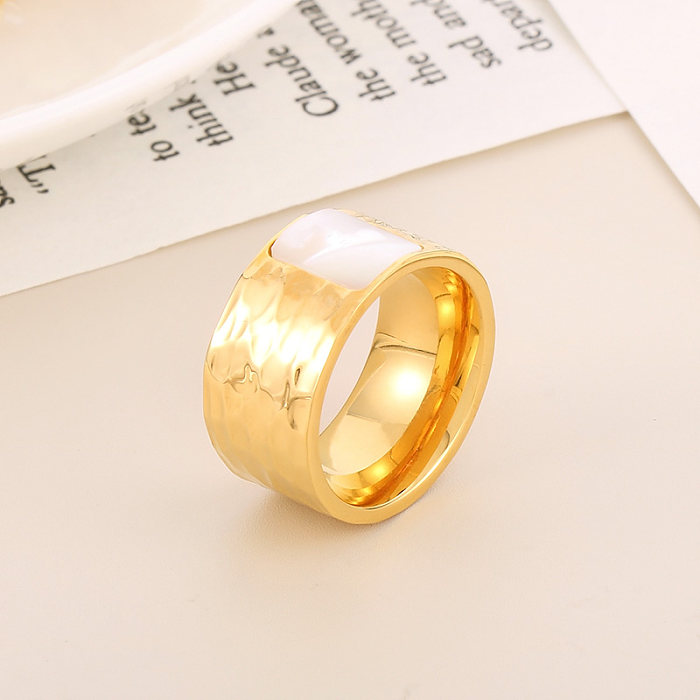 Vintage Style Round Square Titanium Steel Plating Inlay Shell 18K Gold Plated Rings
