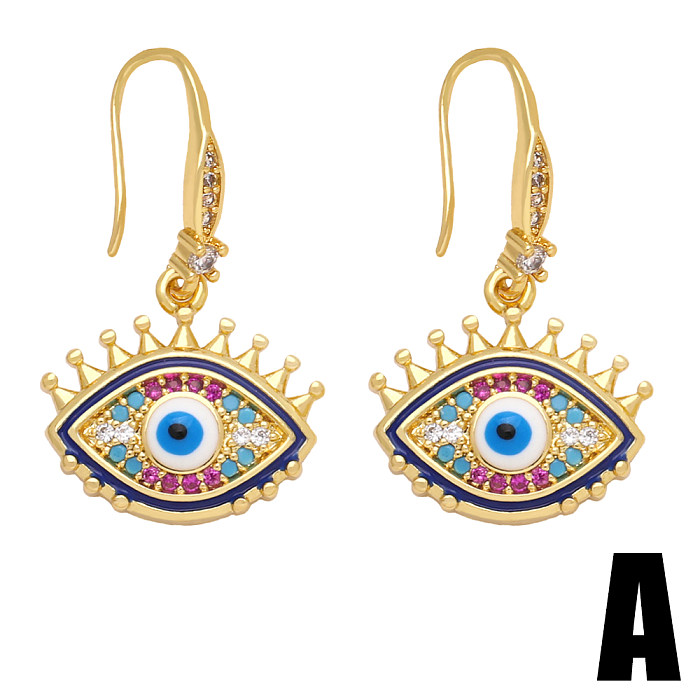 1 Pair INS Style Artistic Devil'S Eye Copper Plating Inlay Zircon 18K Gold Plated Drop Earrings