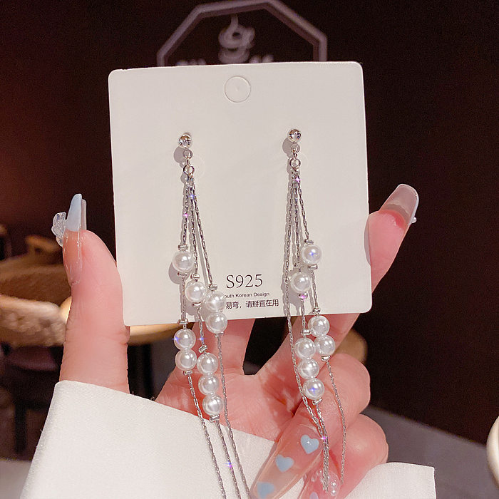 Fashion Tassel Heart Shape Bow Knot Imitation Pearl Copper Inlay Rhinestones Drop Earrings 1 Pair