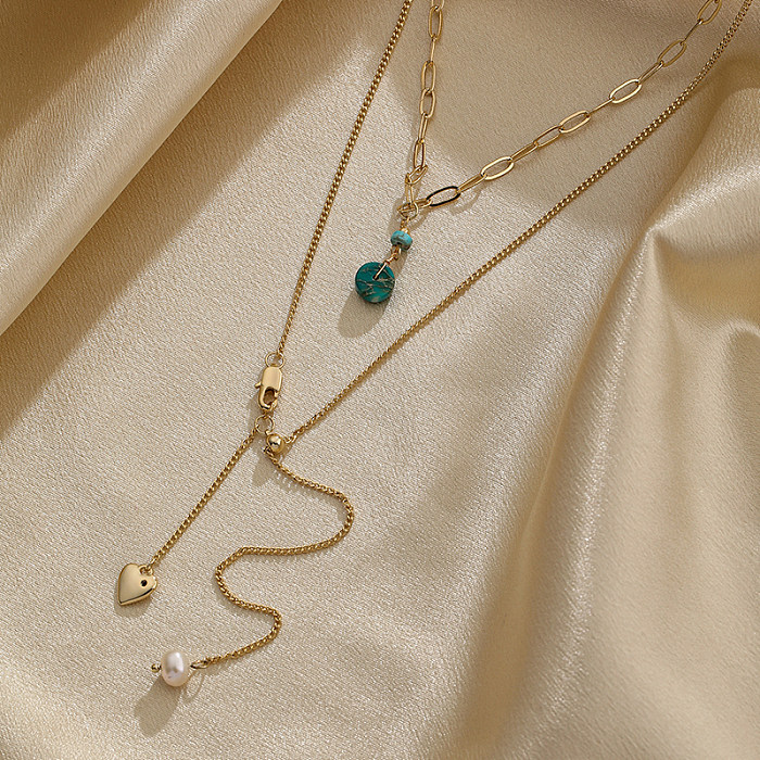 Colliers Double couche plaqués or 18 carats, incrustation de perles en cuivre en forme de cœur de Style IG