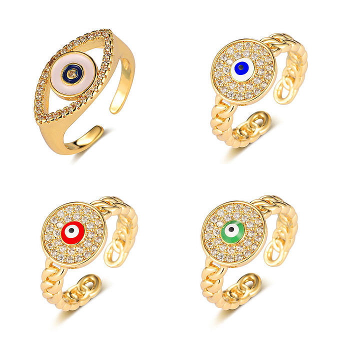 Offene Ringe im klassischen Stil mit Teufelsauge, Stern und Mond, Kupfer-Emaille-Inlay und Zirkon