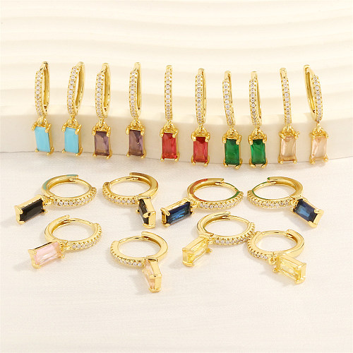 1 paire de boucles d'oreilles pendantes brillantes de Style coréen, incrustation ovale carrée en cuivre et Zircon plaqué or 18 carats