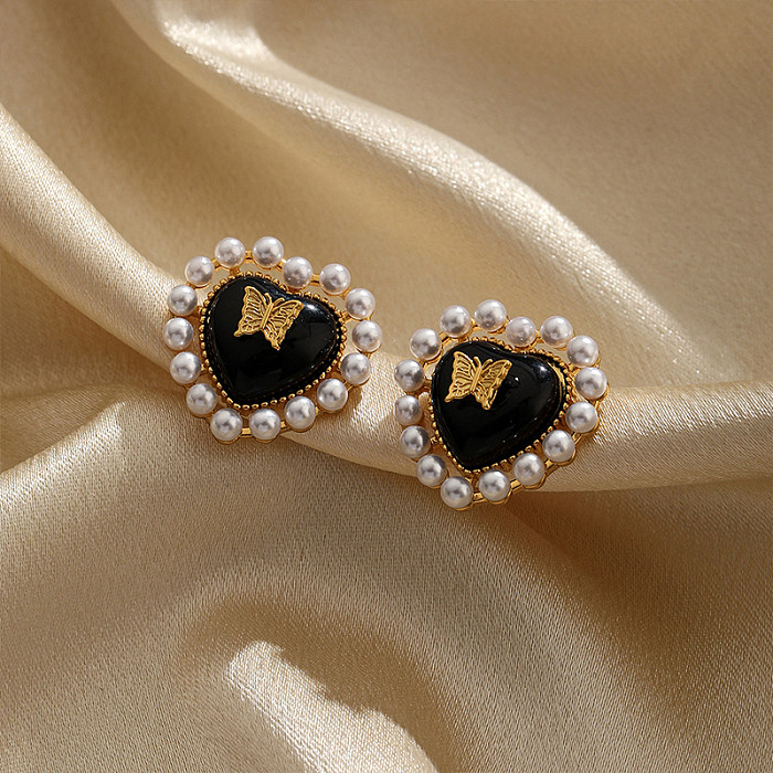 1 Pair Classical Retro Heart Shape Butterfly Plating Inlay Copper Pearl 18K Gold Plated Ear Studs