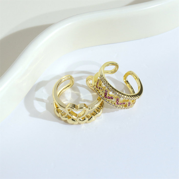 INS Style Heart Shape Copper Plating Inlay Zircon Gold Plated Open Ring