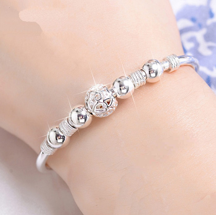 Casual Simple Style Solid Color Copper Beaded Plating Silver Plated Bangle