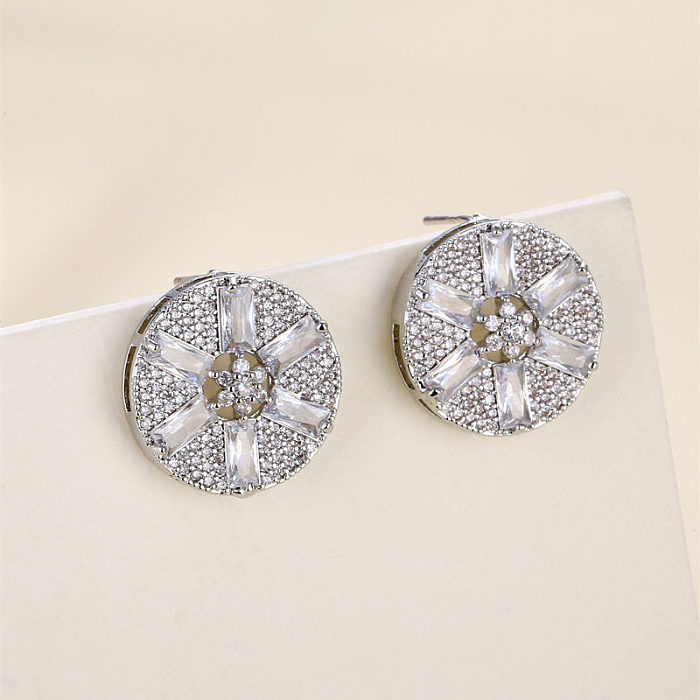 1 Pair Simple Style Round Snowflake Inlay Copper Zircon Drop Earrings