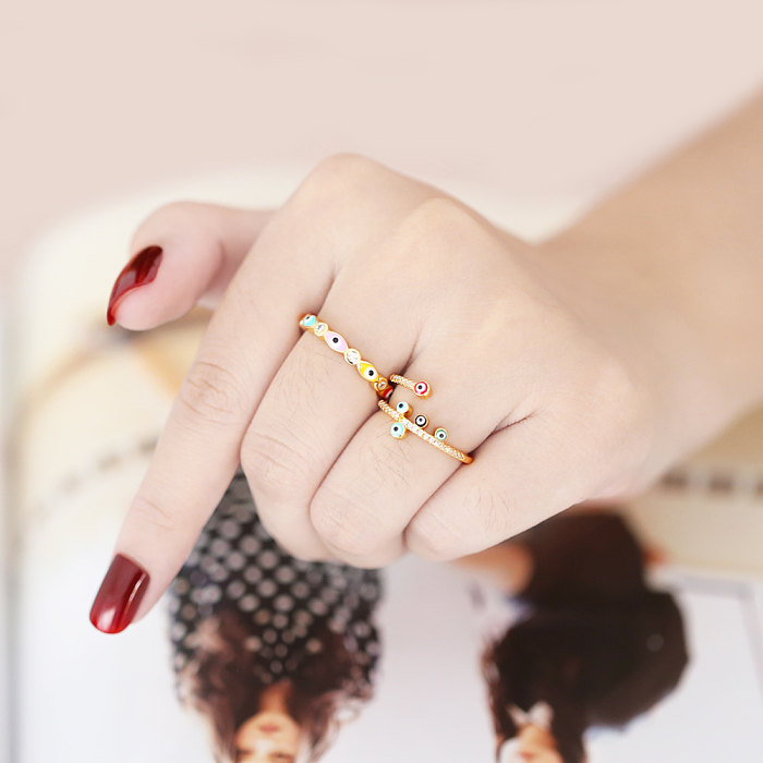 Offener Ring mit unregelmäßigem Teufelsauge im Retro-Stil, Kupfer-Emaille, vergoldeter Zirkon, 1 Stück