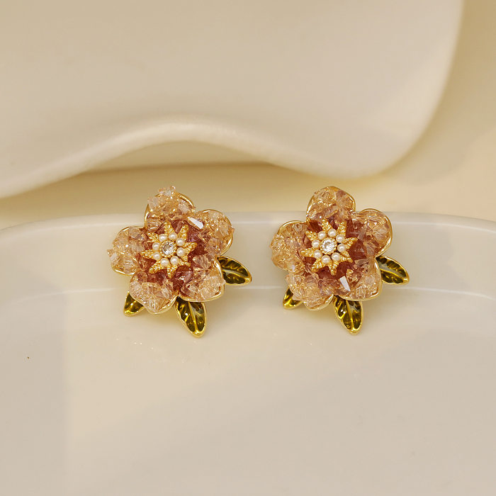 1 Pair Sweet Flower Enamel Plating Inlay Copper Artificial Pearls Crystal 14K Gold Plated Ear Studs