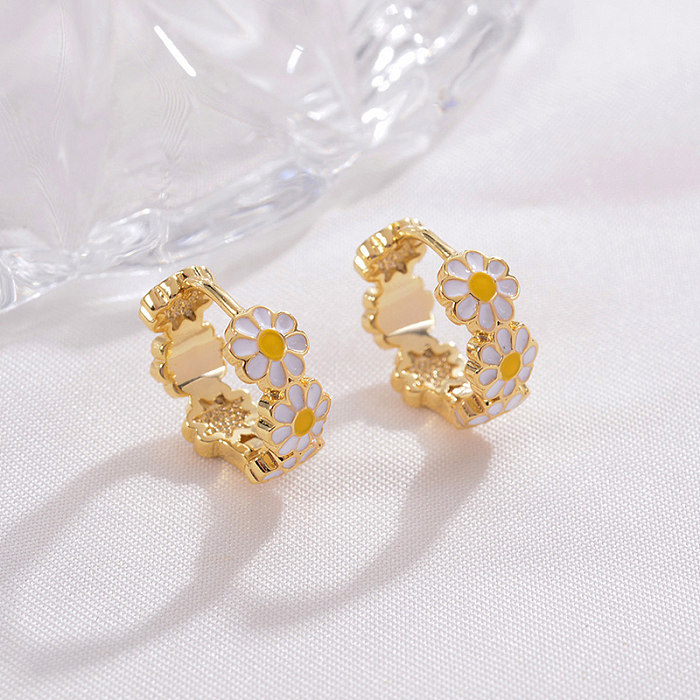 1 Pair IG Style Sweet Daisy Enamel Plating Copper 14K Gold Plated Earrings