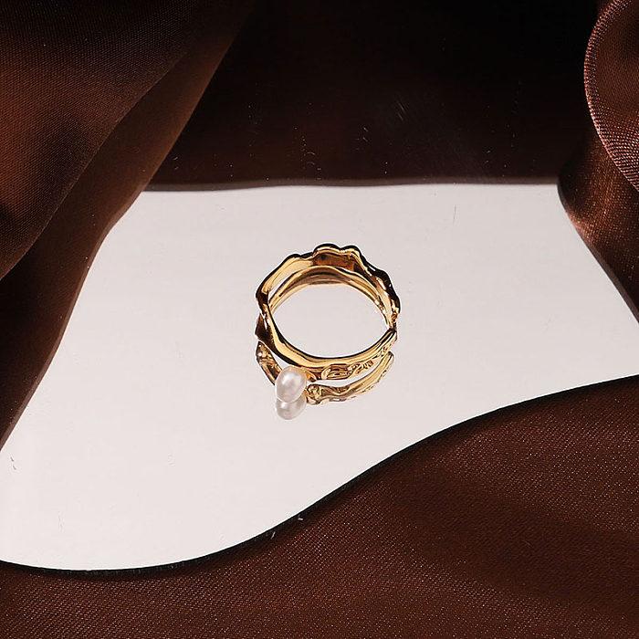 Retro Simple Style Irregular Copper Plating Inlay Artificial Pearls 18K Gold Plated Open Rings