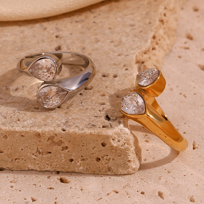 Einfacher, schlichter Stil, klassischer Stil, geometrischer offener Ring mit Edelstahlbeschichtung und Zirkoneinlage, 18 Karat vergoldet